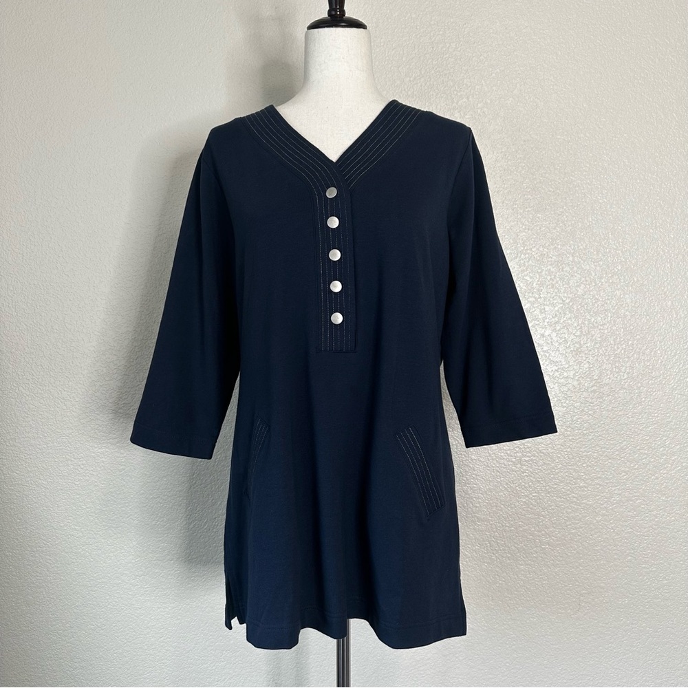 NWT Denim and Co Dark Blue V-neck 3/4 Sleeves Mini Dress, Sz Medium